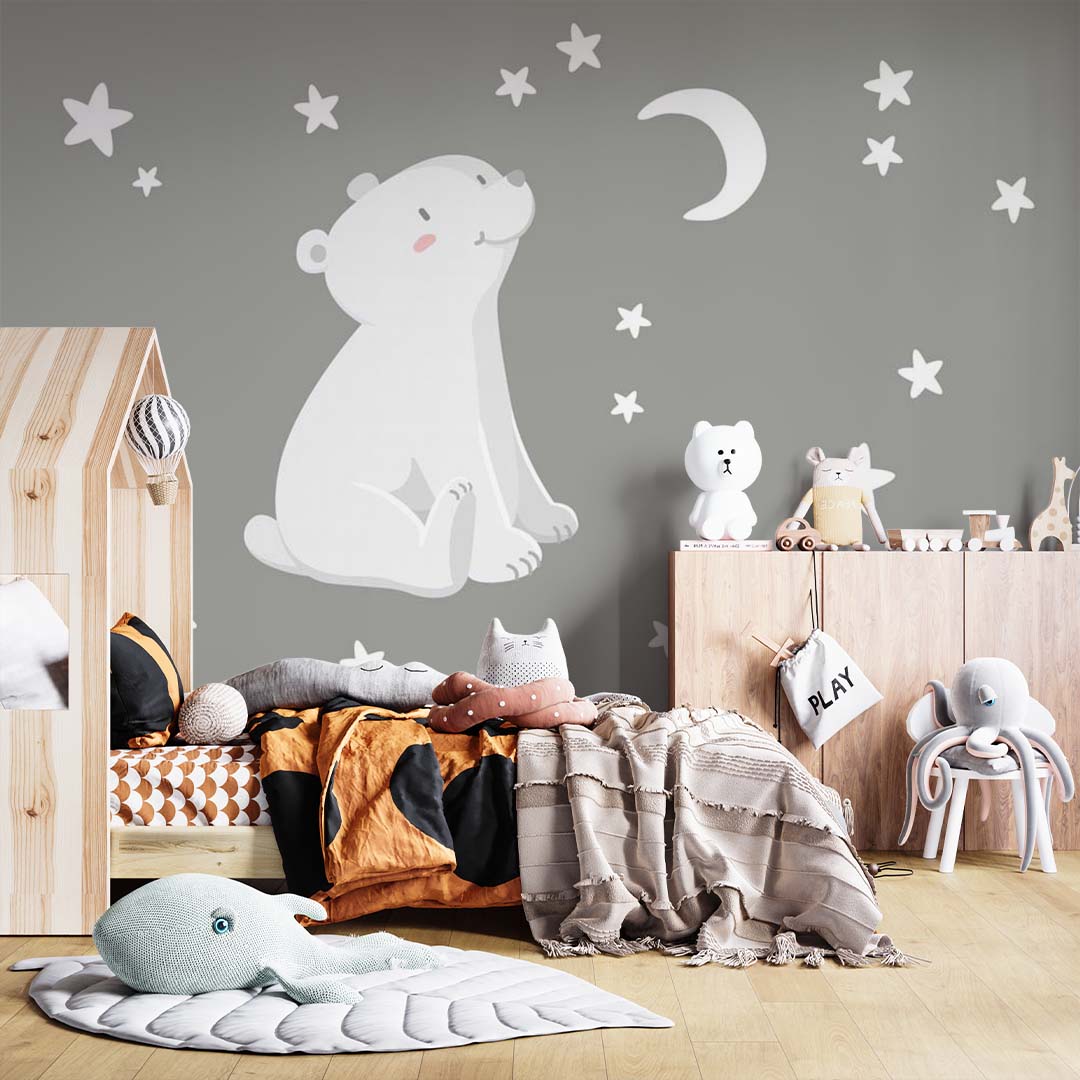 Kids Wall Mural Polar Bear Stars Moon Night Dark Minimal Design Nursery Wallpaper