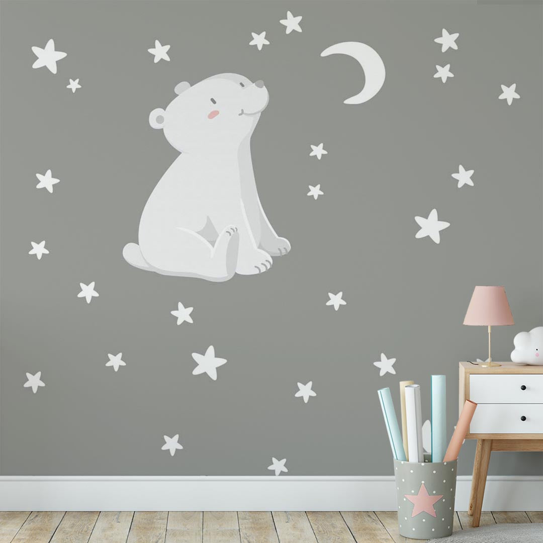 Kids Wall Mural Polar Bear Stars Moon Night Dark Minimal Design Nursery Wallpaper