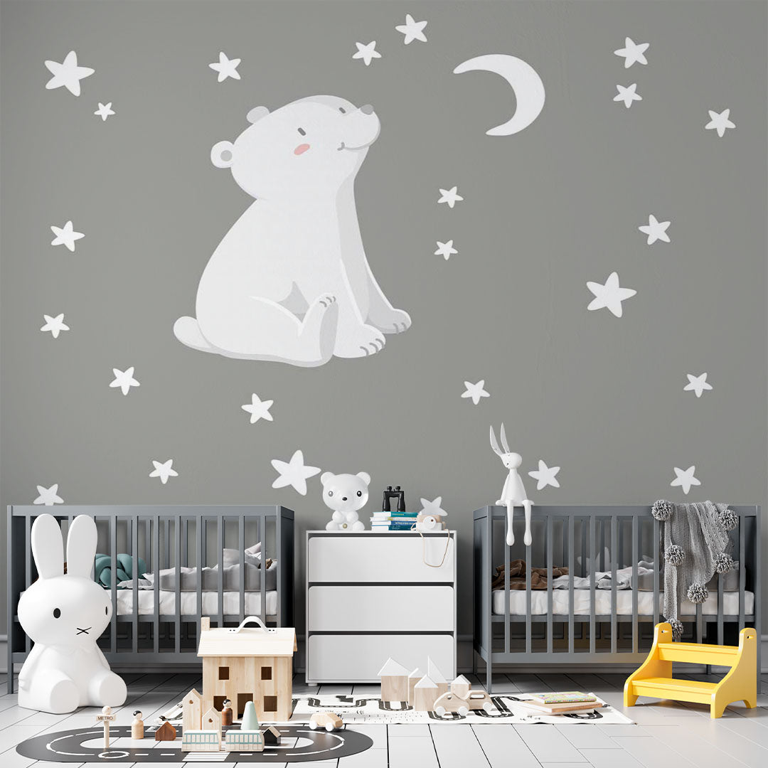 Kids Wall Mural Polar Bear Stars Moon Night Dark Minimal Design Nursery Wallpaper