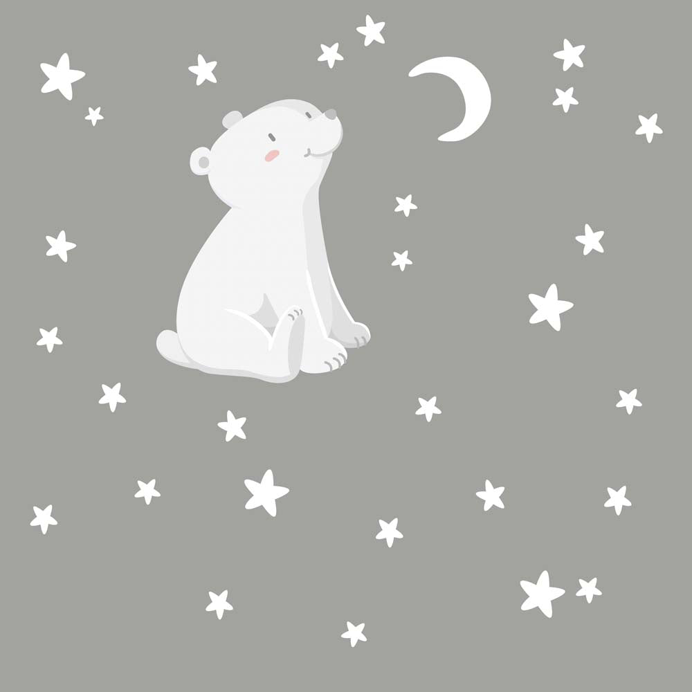 Eisbär-Tapete – graue Kinder-Fototapete mit Mond und Sternen
