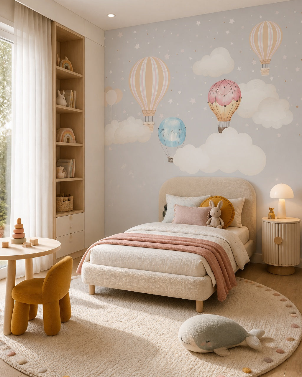 Scandinavian hot air balloons wallpaper in a toddler bedroom with a child-sized bed.