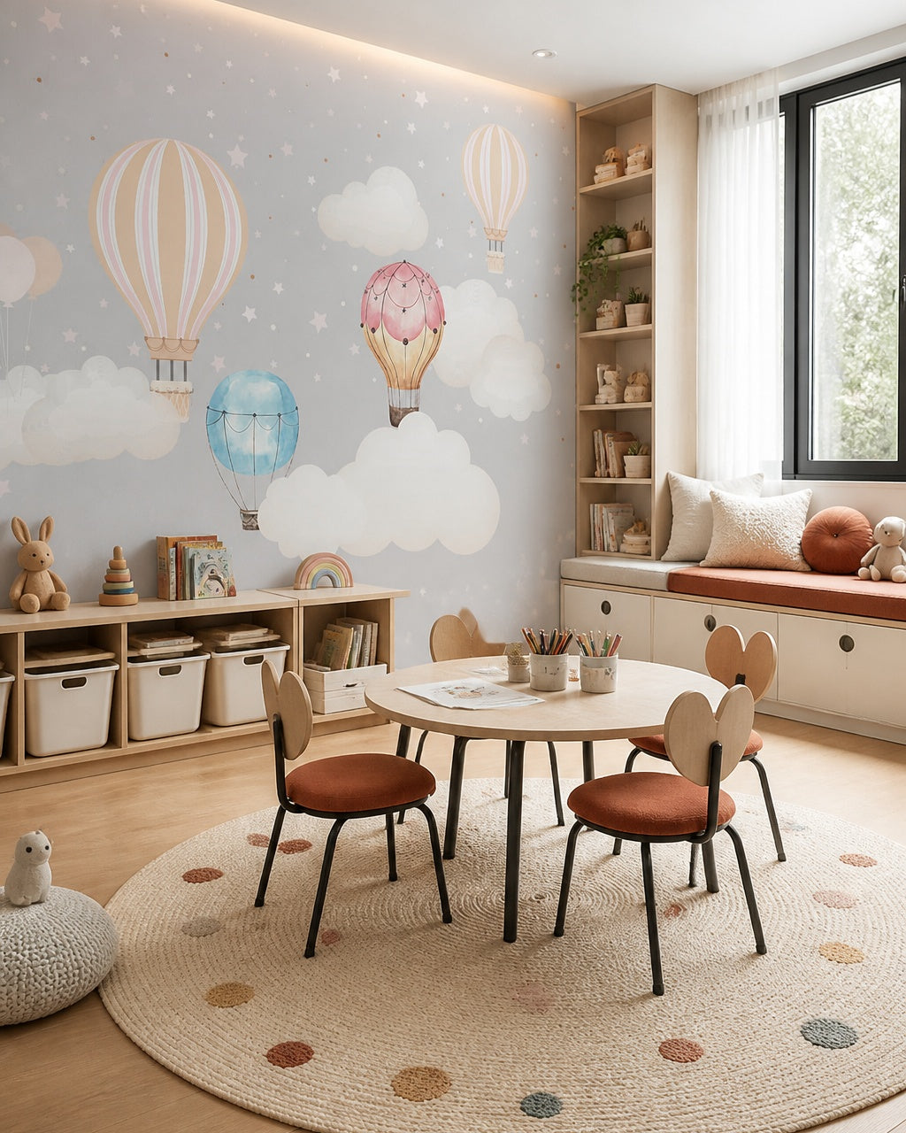 Scandinavian hot air balloons wallpaper in a children’s playroom.