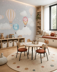 Scandinavian hot air balloons wallpaper in a children’s playroom.