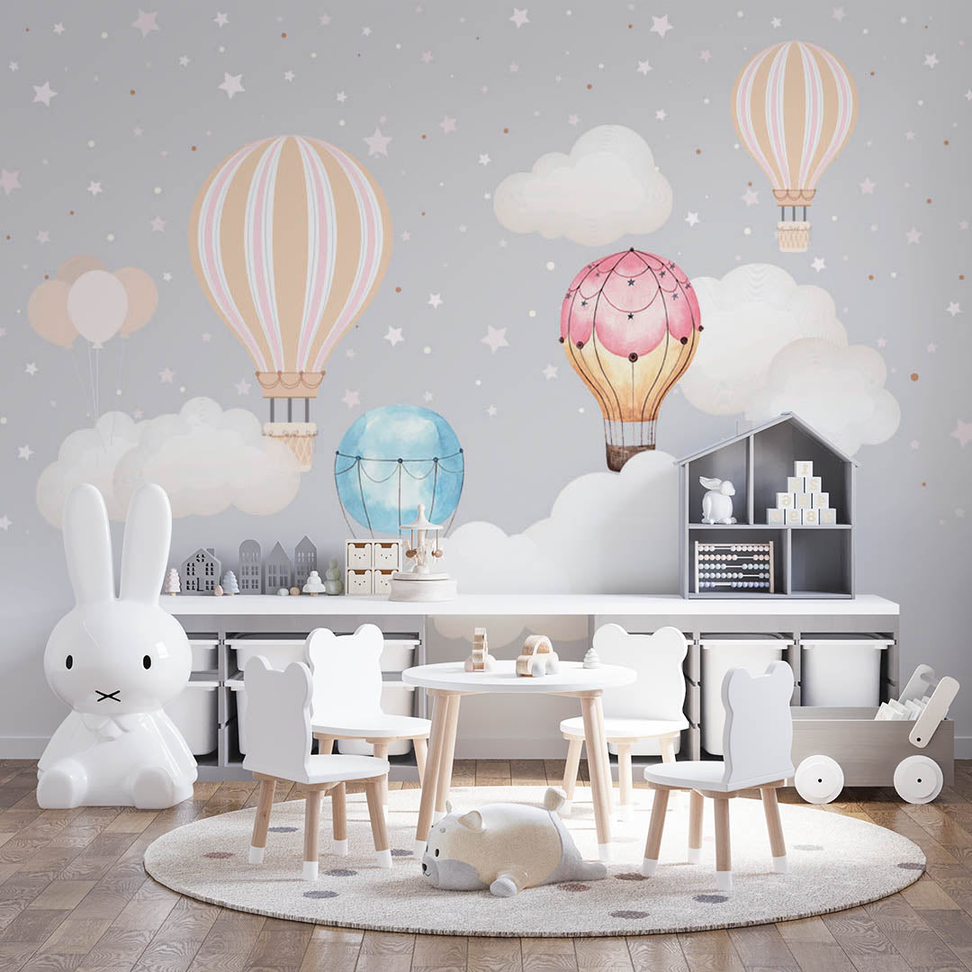 Kids Wall Murals Scandinavian Hot Air Balloons Star Sky Clouds Wallpaper for Kids