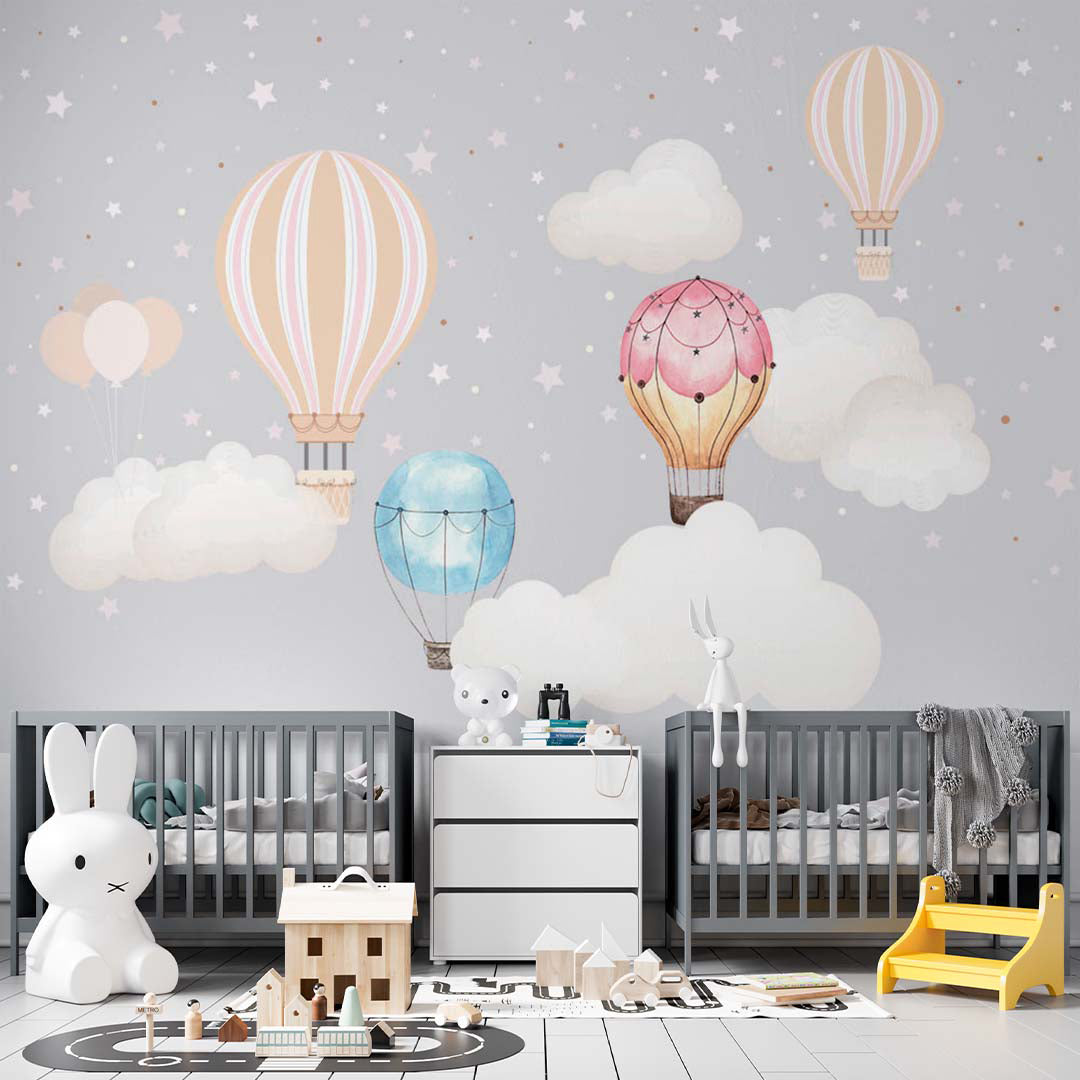 Kids Wall Murals Scandinavian Hot Air Balloons Star Sky Clouds Wallpaper for Kids