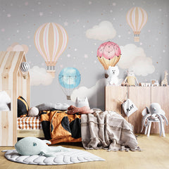 Custom Kids Wall Murals Scandinavian Hot Air Balloons Star Sky Clouds Wallpaper for Kids