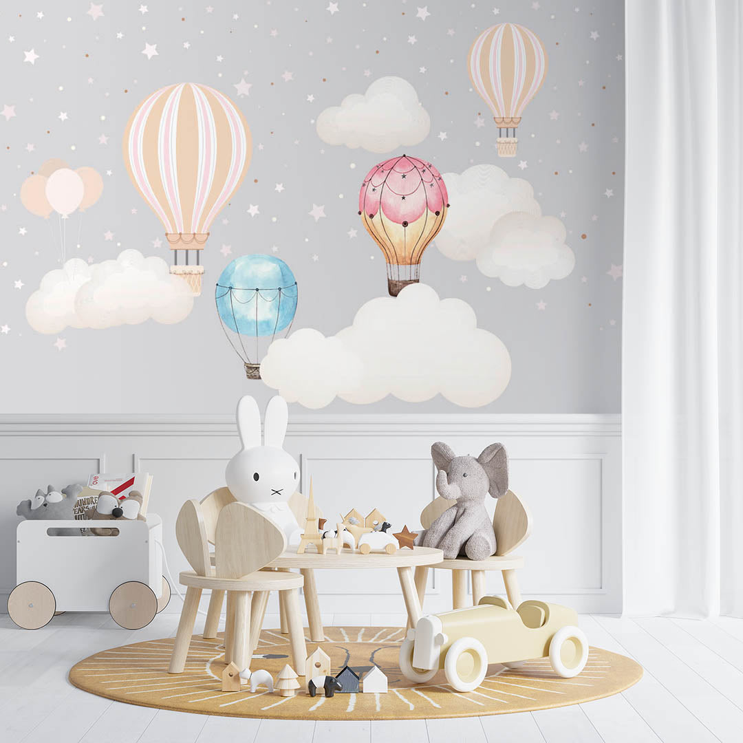 Custom Kids Wall Murals Scandinavian Hot Air Balloons Star Sky Clouds Wallpaper for Kids