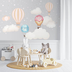 Custom Kids Wall Murals Scandinavian Hot Air Balloons Star Sky Clouds Wallpaper for Kids