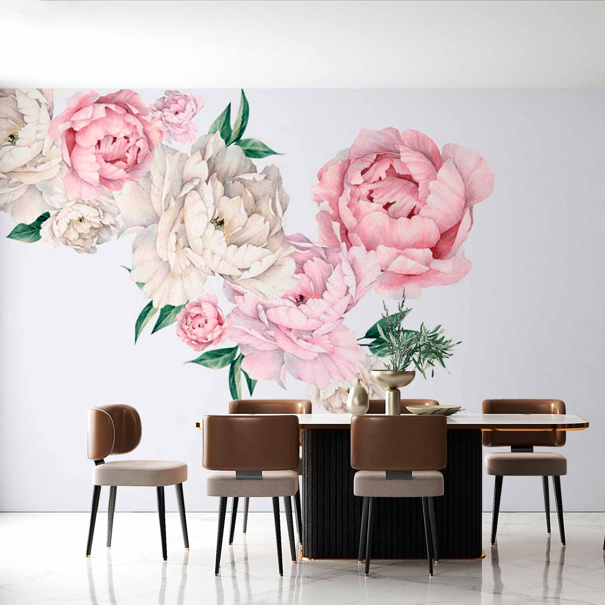 Pink and White Peony Flowers on Soft Grey Background Wall Mural Floral Wallpaper