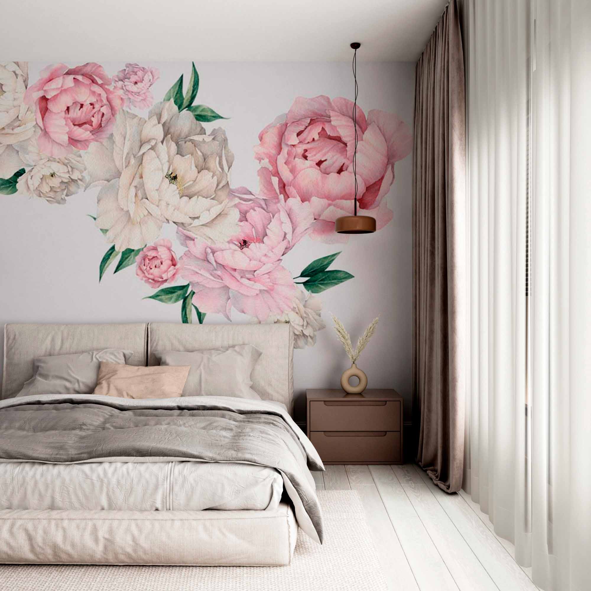 Pink and White Peony Flowers on Soft Grey Background Wall Mural Floral Wallpaper