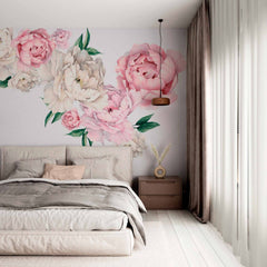 Custom Pink and White Peony Flowers on Soft Grey Background Wall Mural Floral Wallpaper