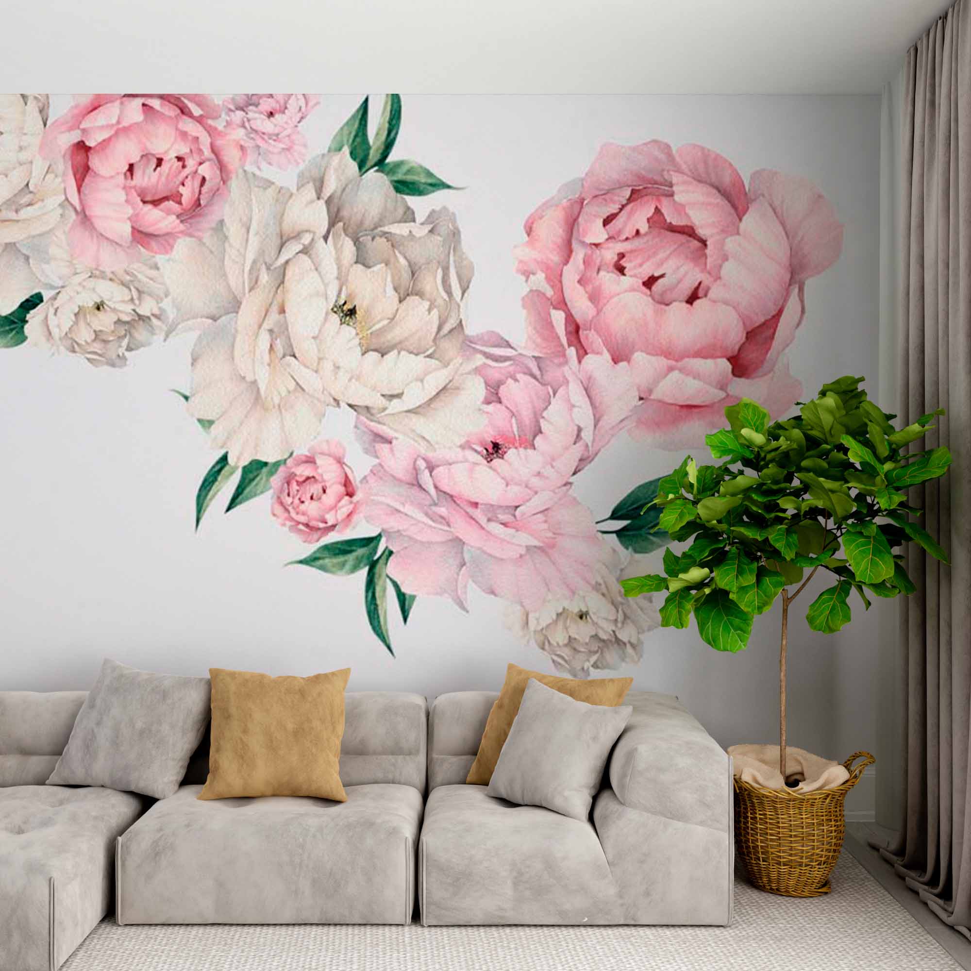 Pink and White Peony Flowers on Soft Grey Background Wall Mural Floral Wallpaper