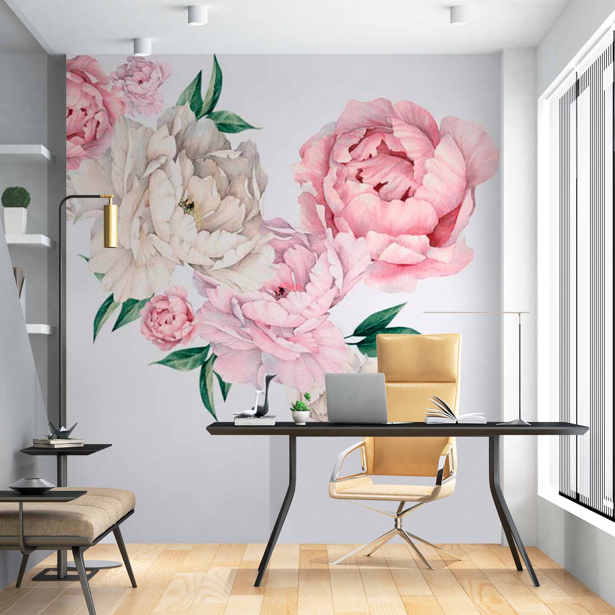 Pink and White Peony Flowers on Soft Grey Background Wall Mural Floral Wallpaper