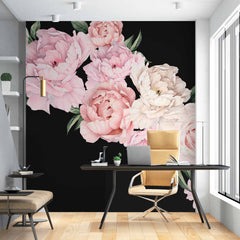 Custom Pink Peony Flowers on Black Background Wall Mural Floral Wallpaper