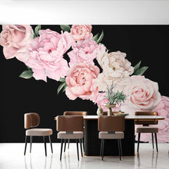 Custom Pink Peony Flowers on Black Background Wall Mural Floral Wallpaper