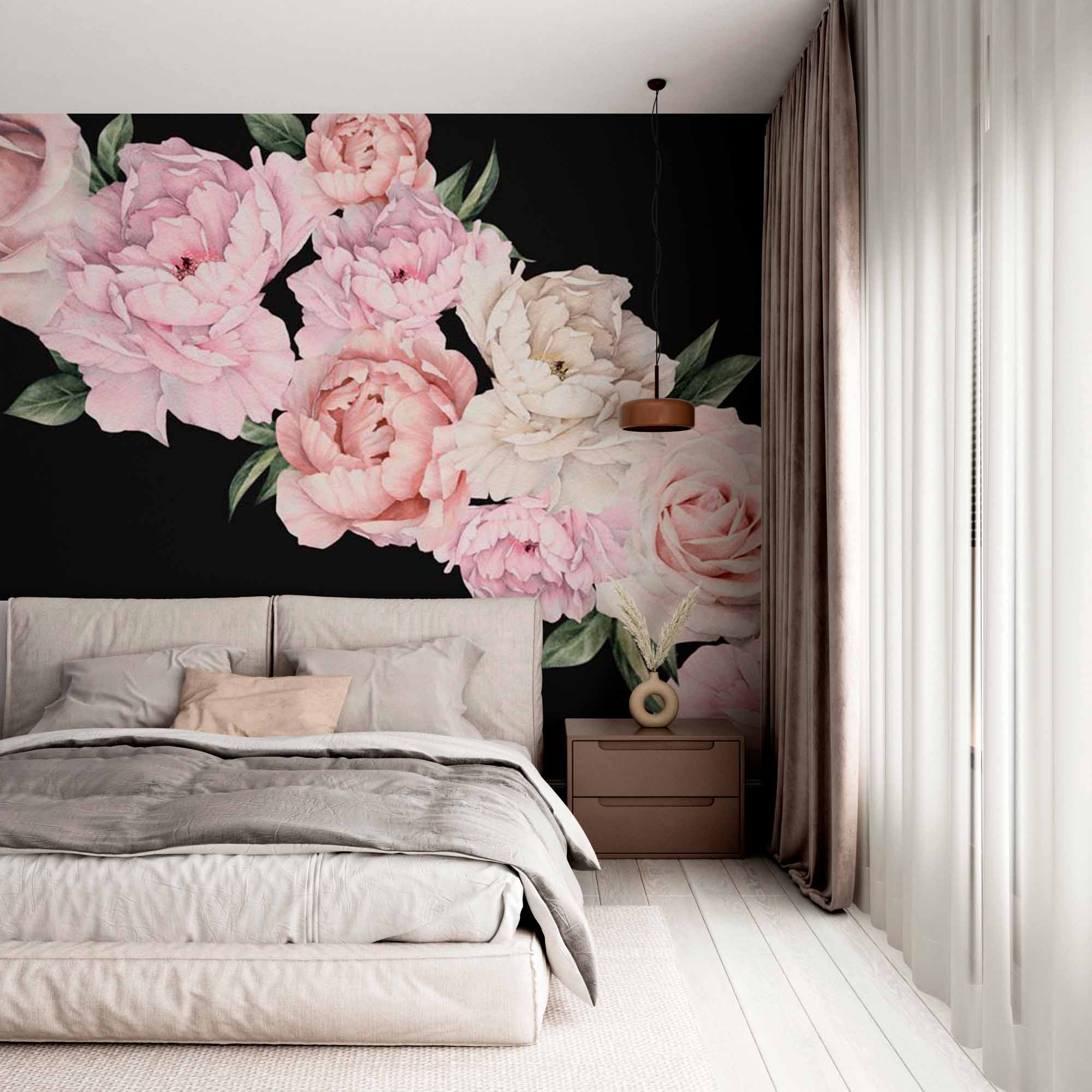 Pink Peony Flowers on Black Background Wall Mural Floral Wallpaper