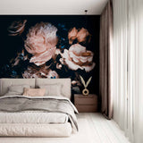 Dramatic Dark Floral Mural Wallpaper - Elegant Cream Roses and Peonies with Deep Blue Accents