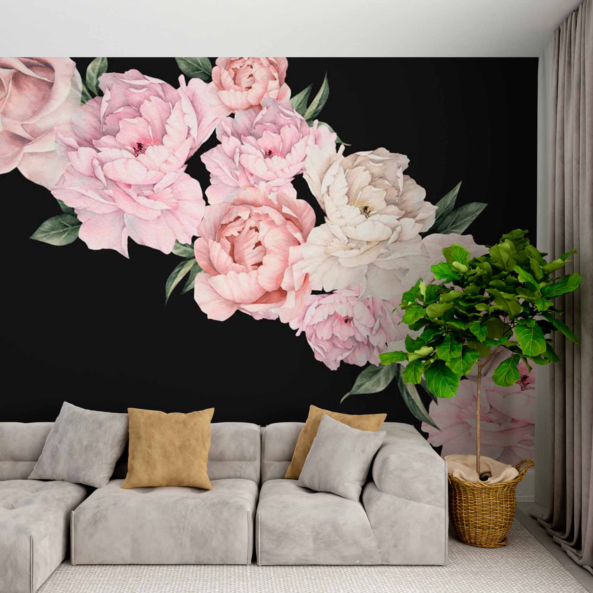 Pink Peony Flowers on Black Background Wall Mural Floral Wallpaper