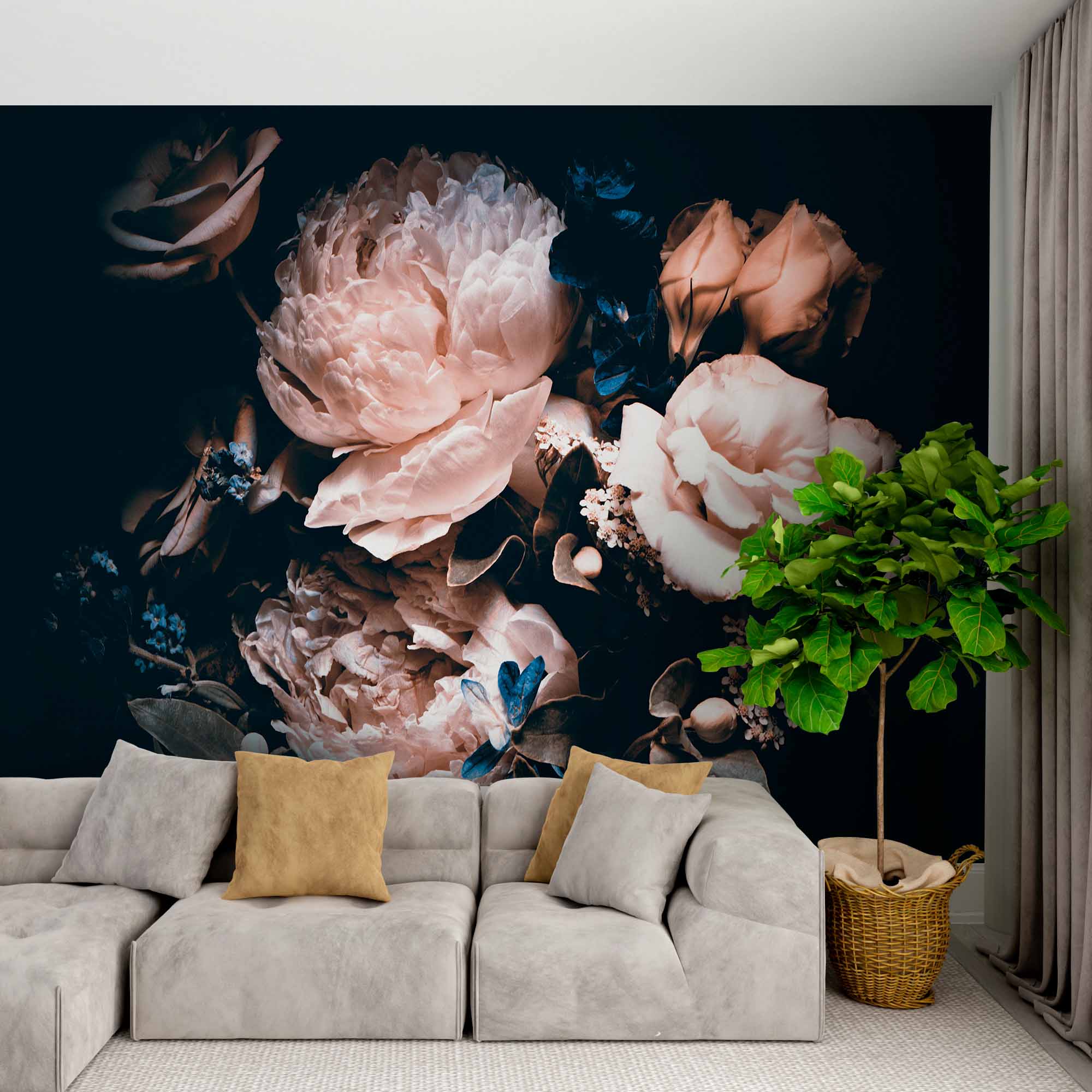 Dramatic Dark Floral Mural Wallpaper - Elegant Cream Roses and Peonies with Deep Blue Accents