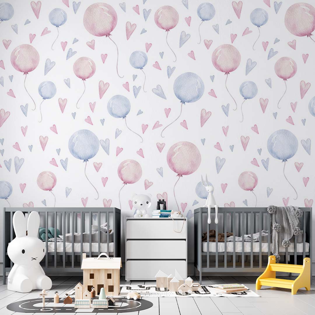 Kids Wall Murals Hot Air Balloons Star Hearts Minimal Design Wallpaper for Kids