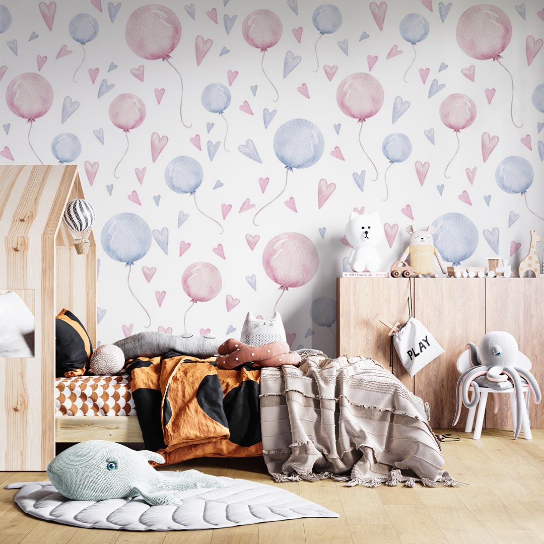 Kids Wall Murals Hot Air Balloons Star Hearts Minimal Design Wallpaper for Kids