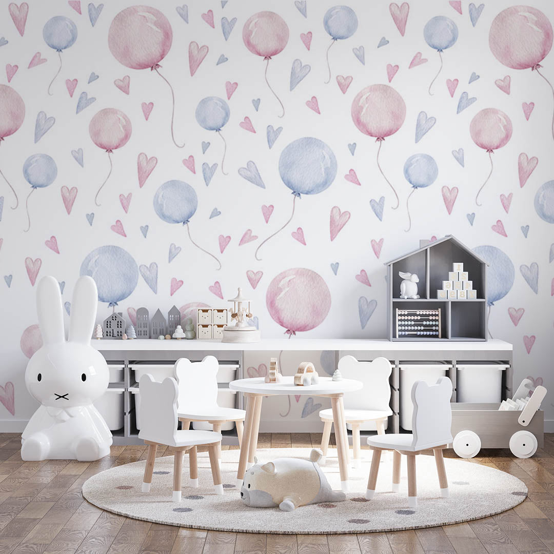 Kids Wall Murals Hot Air Balloons Star Hearts Minimal Design Wallpaper for Kids