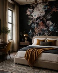Dark floral bouquet wallpaper in a designer bedroom.