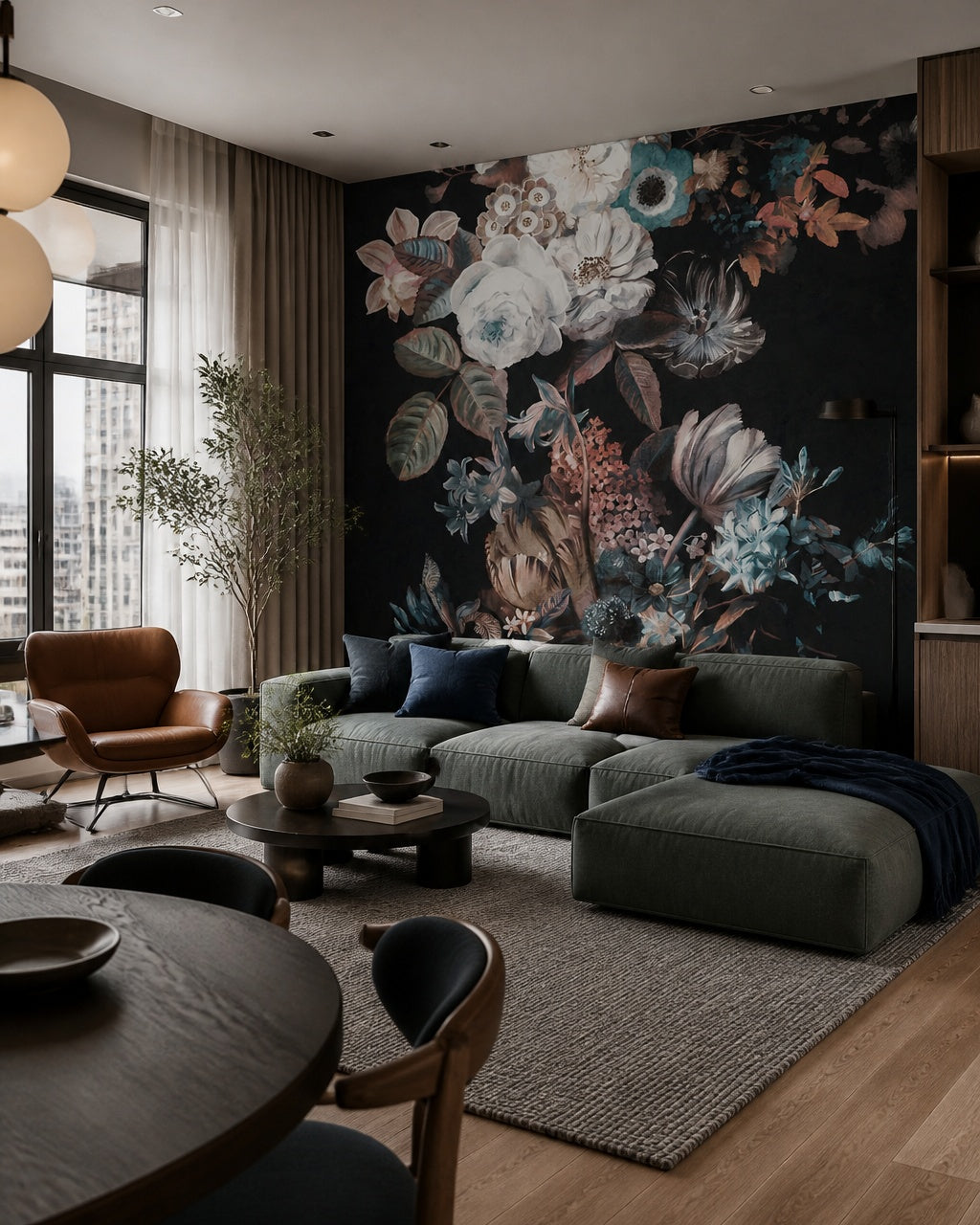 Dark floral bouquet wallpaper in a designer living room.