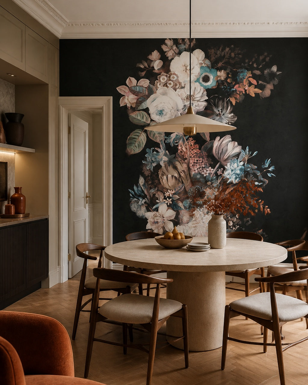 Dark floral bouquet wallpaper in a refined dining area.