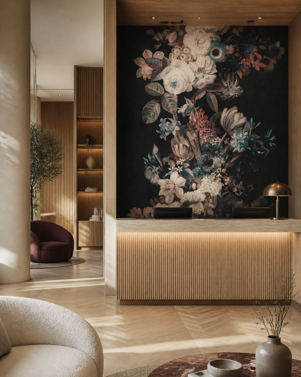Dark floral bouquet wallpaper in a boutique hotel lobby.