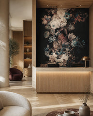 Dark floral bouquet wallpaper in a boutique hotel lobby.
