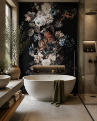 Dark floral bouquet wallpaper in a luxury bathroom.
