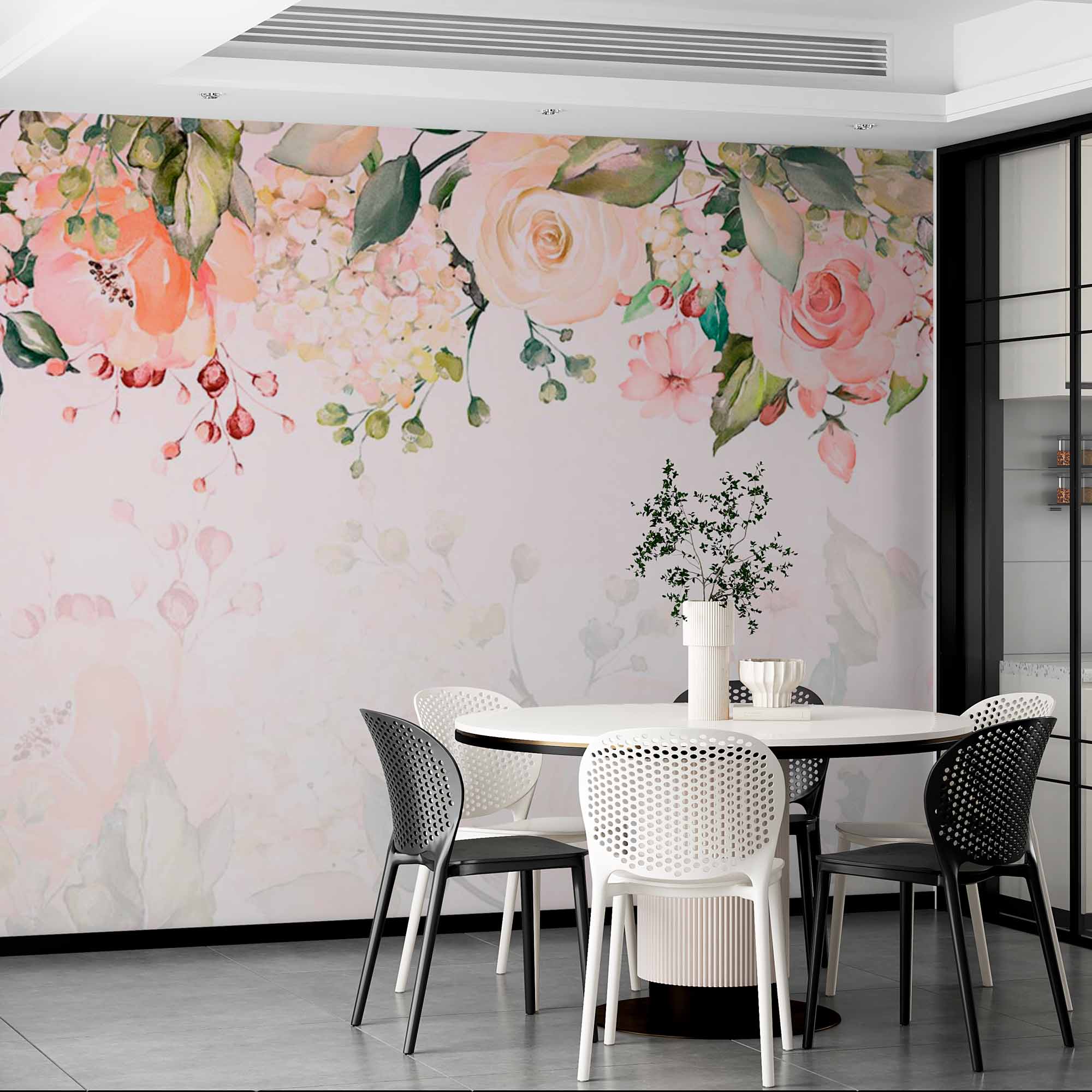 Soft Pastel Floral Wall Mural Wallpaper with Roses and Greenery