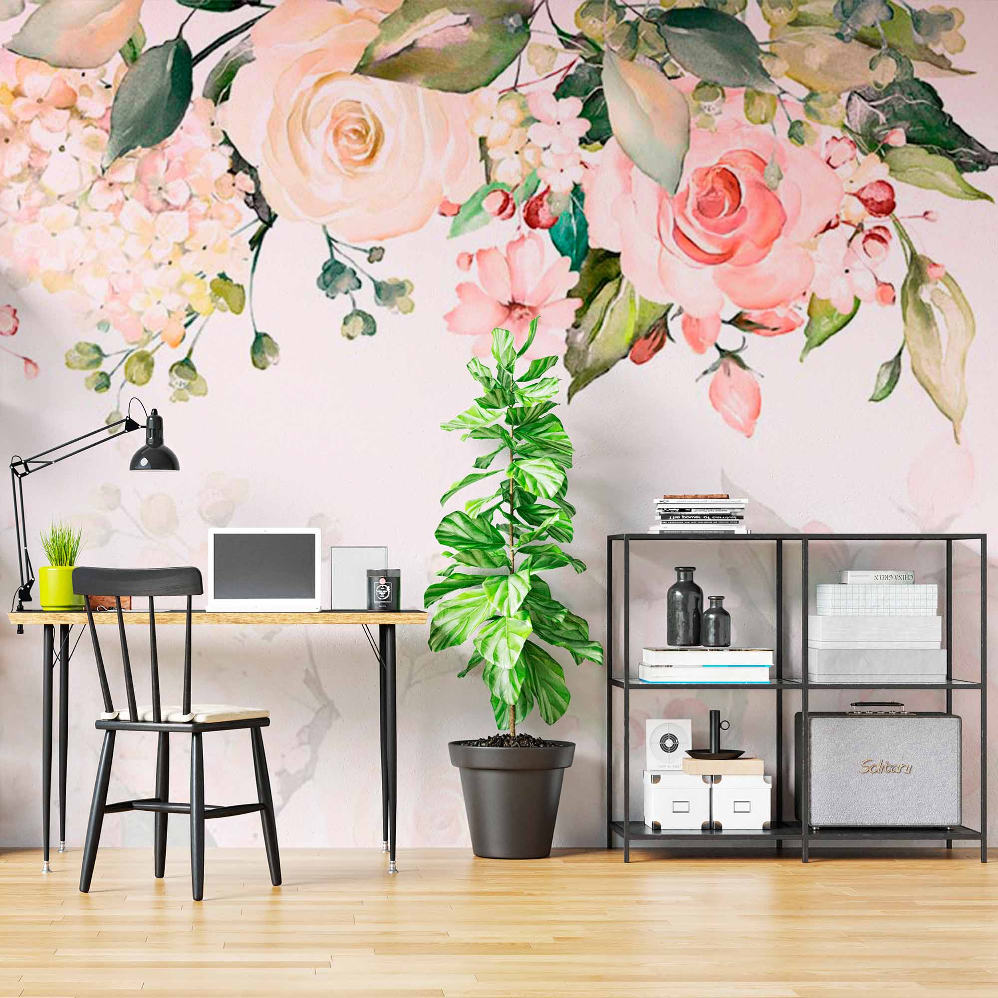 Soft Pastel Floral Wall Mural Wallpaper with Roses and Greenery