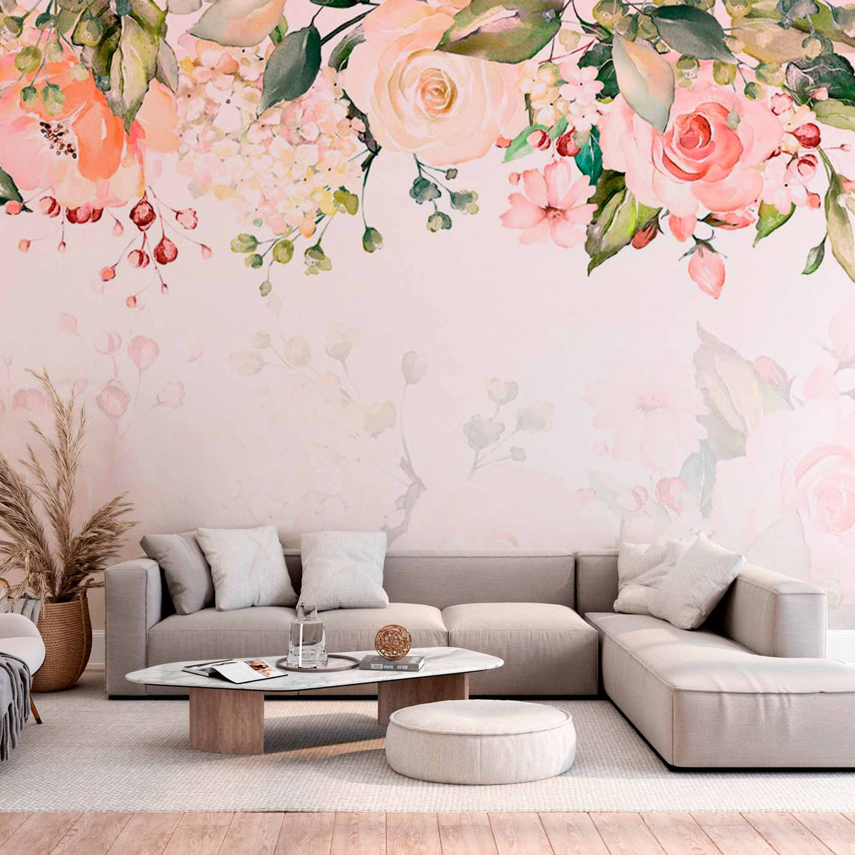 Custom Soft Pastel Floral Wall Mural Wallpaper with Roses and Greenery