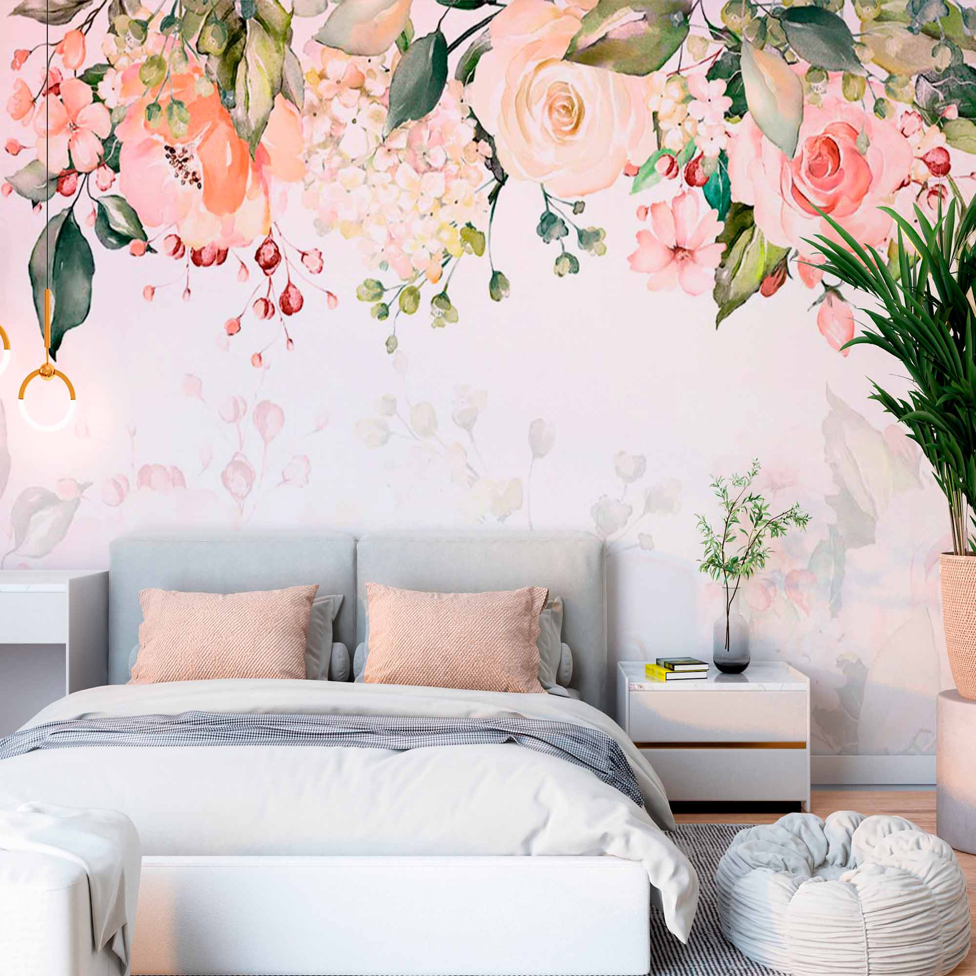 Soft Pastel Floral Wall Mural Wallpaper with Roses and Greenery