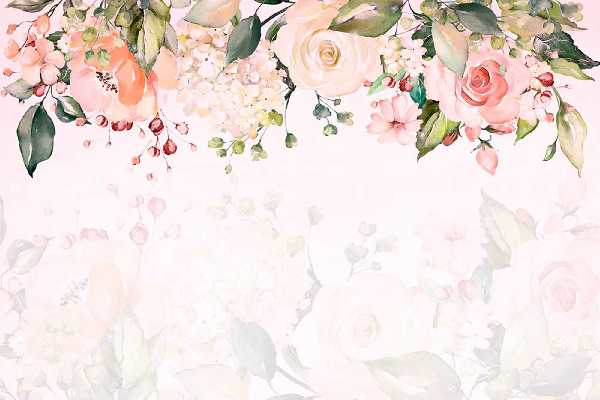 Soft Pastel Floral Wall Mural Wallpaper with Roses and Greenery