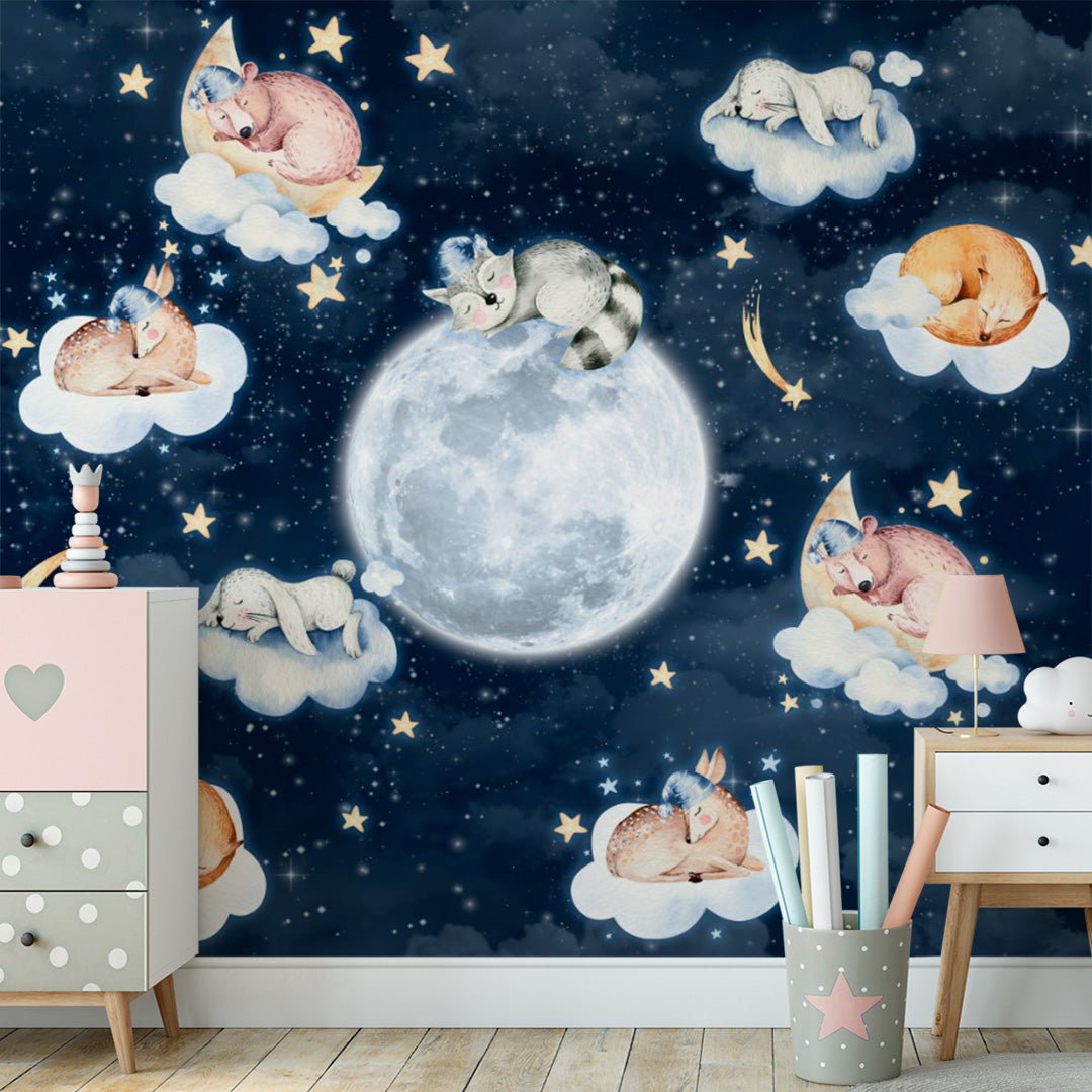 Kids Wall Murals Cute Animals Sleep on Clouds Space Wallpaper for Kids