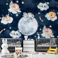 Custom Kids Wall Murals Cute Animals Sleep on Clouds Space Wallpaper for Kids