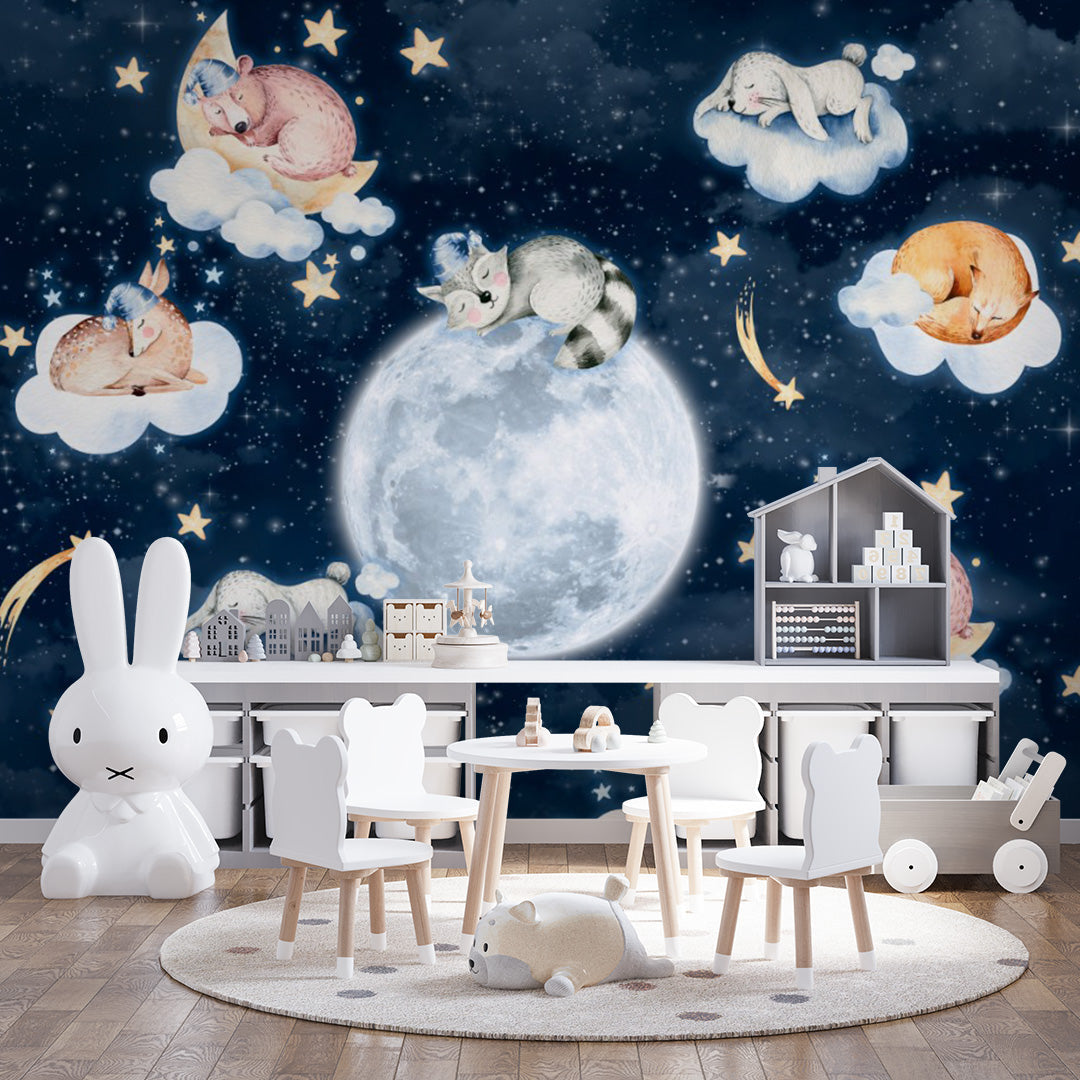 Custom Kids Wall Murals Cute Animals Sleep on Clouds Space Wallpaper for Kids