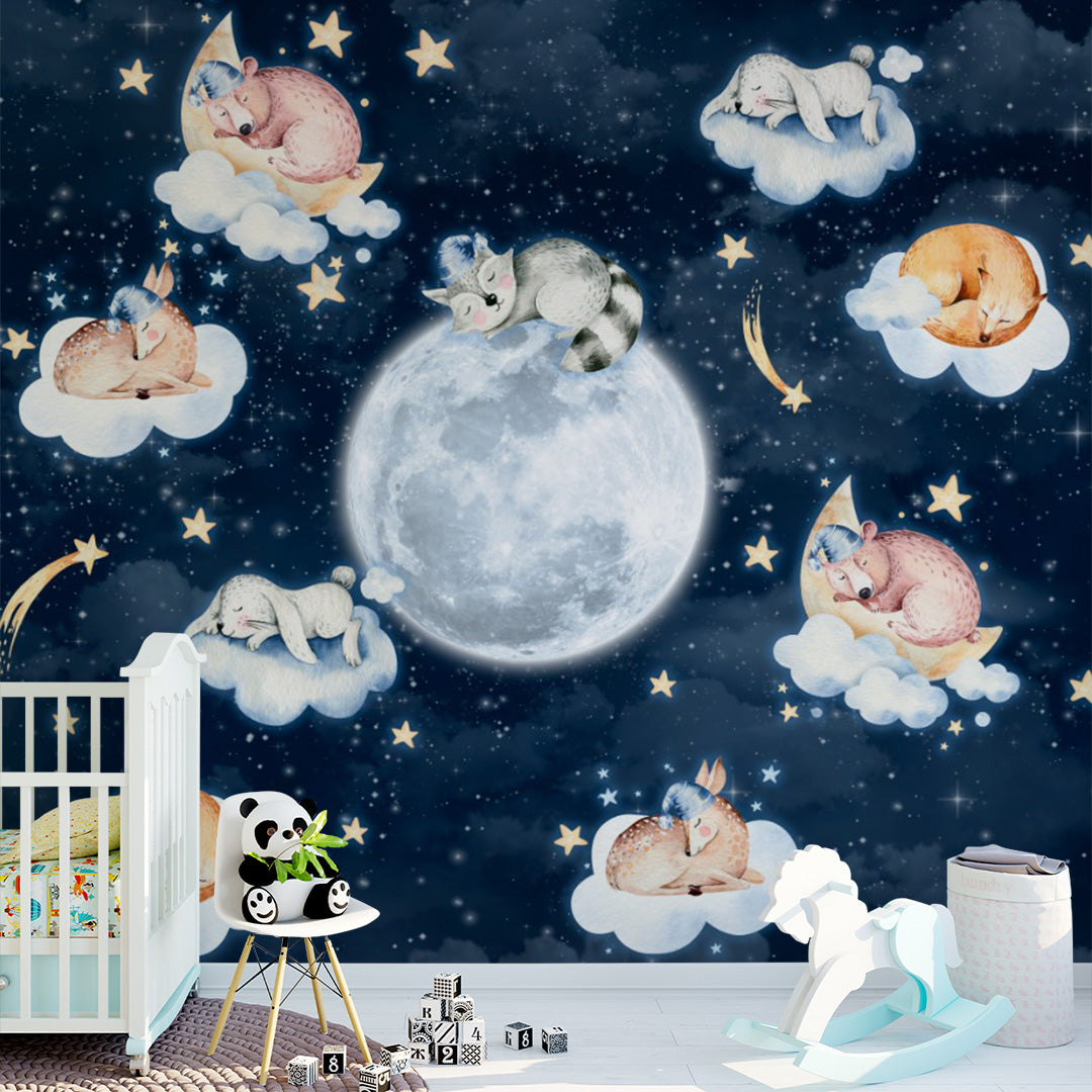 Kids Wall Murals Cute Animals Sleep on Clouds Space Wallpaper for Kids