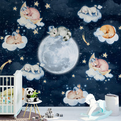 Custom Kids Wall Murals Cute Animals Sleep on Clouds Space Wallpaper for Kids