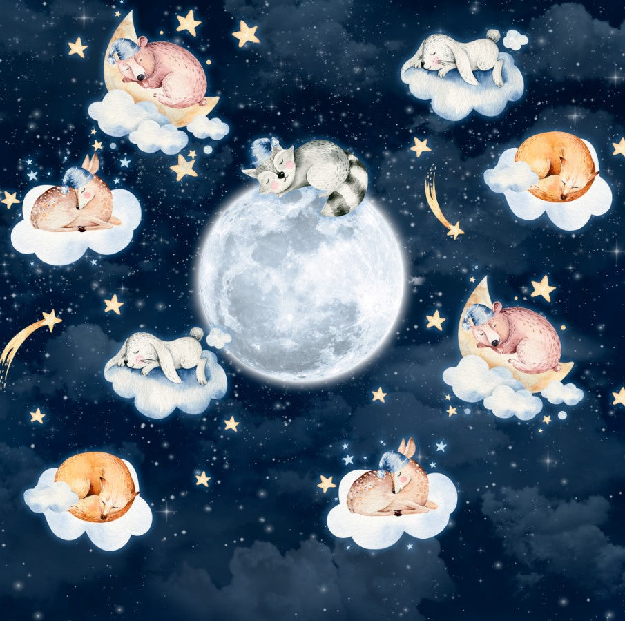 Papier peint panoramique de chambre de bébé animaux de la forêt endormis, lune et étoiles
