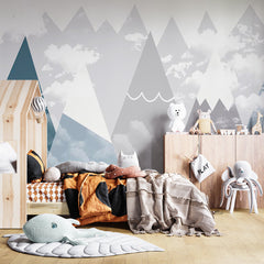 Niestandardowe fototapety dla dzieci skandynawskie pochmurne góry sylwetka prosta tapeta dla dzieci