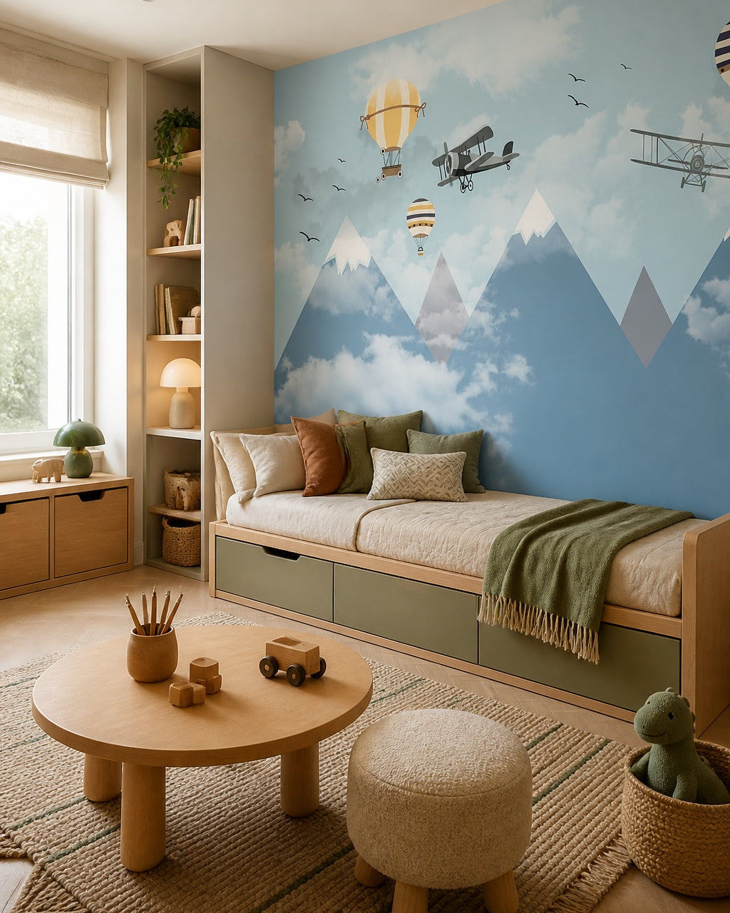 Vintage flights above misty mountains wallpaper in a boy’s bedroom.