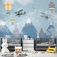 Custom Kids Wall Murals Blue Mountains Aircrafts Balloon Wallpaper for Kids