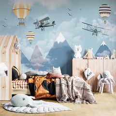 Custom Kids Wall Murals Blue Mountains Aircrafts Balloon Wallpaper for Kids