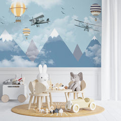 Custom Kids Wall Murals Blue Mountains Aircrafts Balloon Wallpaper for Kids