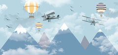 Custom Kids Wall Murals Blue Mountains Aircrafts Balloon Wallpaper for Kids