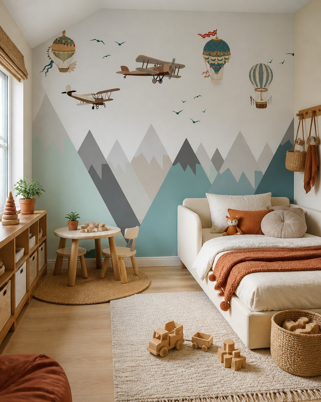 Vintage airplanes and balloons over mountains wallpaper in a toddler bedroom with a child-sized bed.